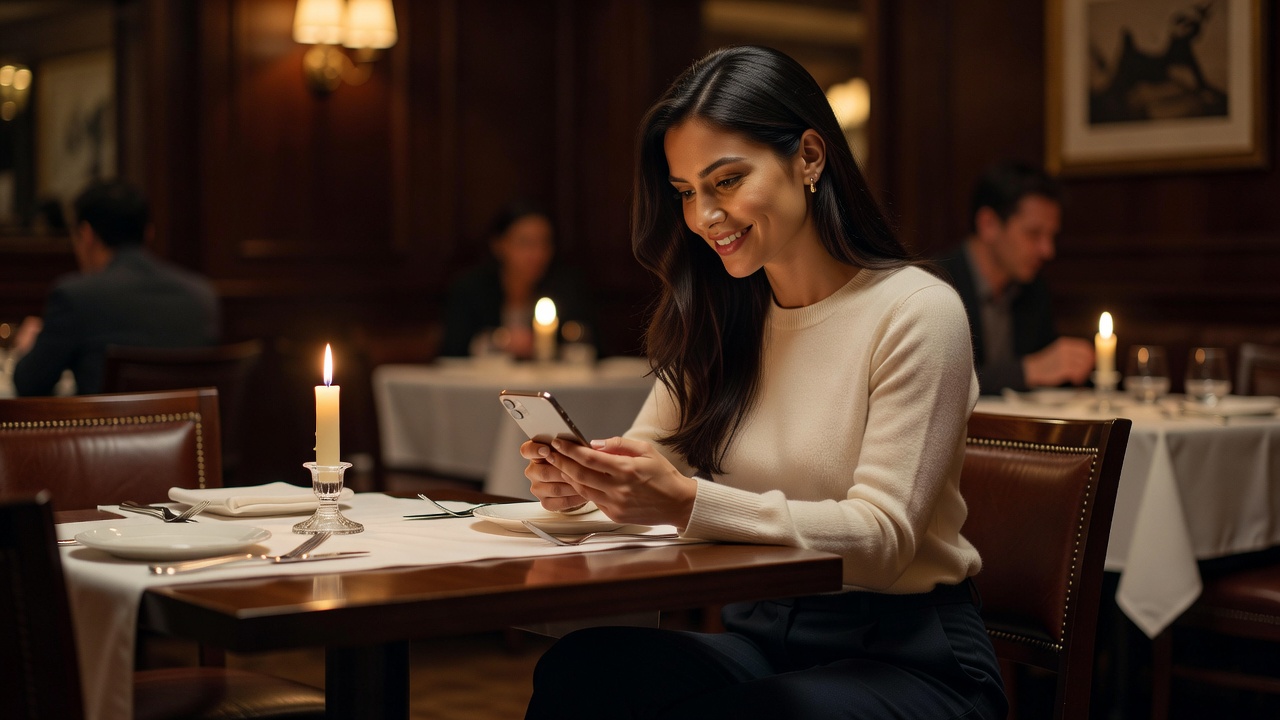 Stunning woman with long dark hair and warm eyes sitting at a candlelit dinner table smiling softly at her phone, elegant casual outfit, romantic restaurant ambiance with gentle lighting, hopeful and affectionate mood