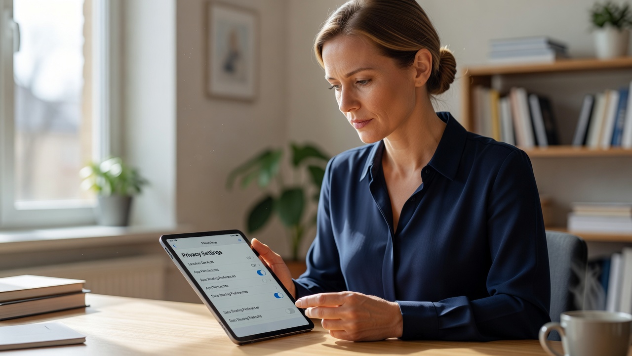A young woman sitting comfortably on a modern sofa in a softly lit living room, holding her smartphone with a gentle smile, warm evening lighting, cozy and secure atmosphere, 16:9 horizontal composition