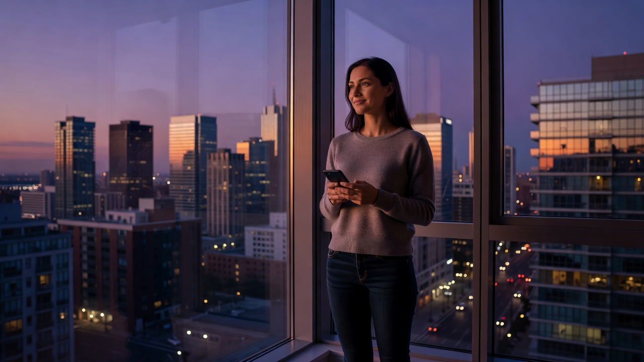 A focused close-up of a woman reviewing privacy settings on her tablet in a bright home office, thoughtful expression, natural daylight streaming through window, professional and careful mood