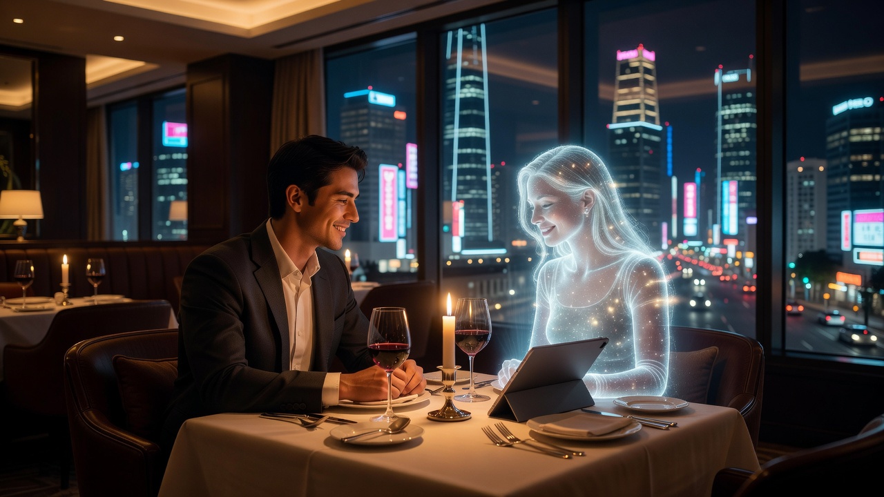 Close-up portrait of a cute virtual girlfriend with pink hair and sparkling eyes looking at her phone screen with a loving expression, remembering past conversations, soft pastel bedroom setting with fairy lights, warm and affectionate mood, cinematic lighting