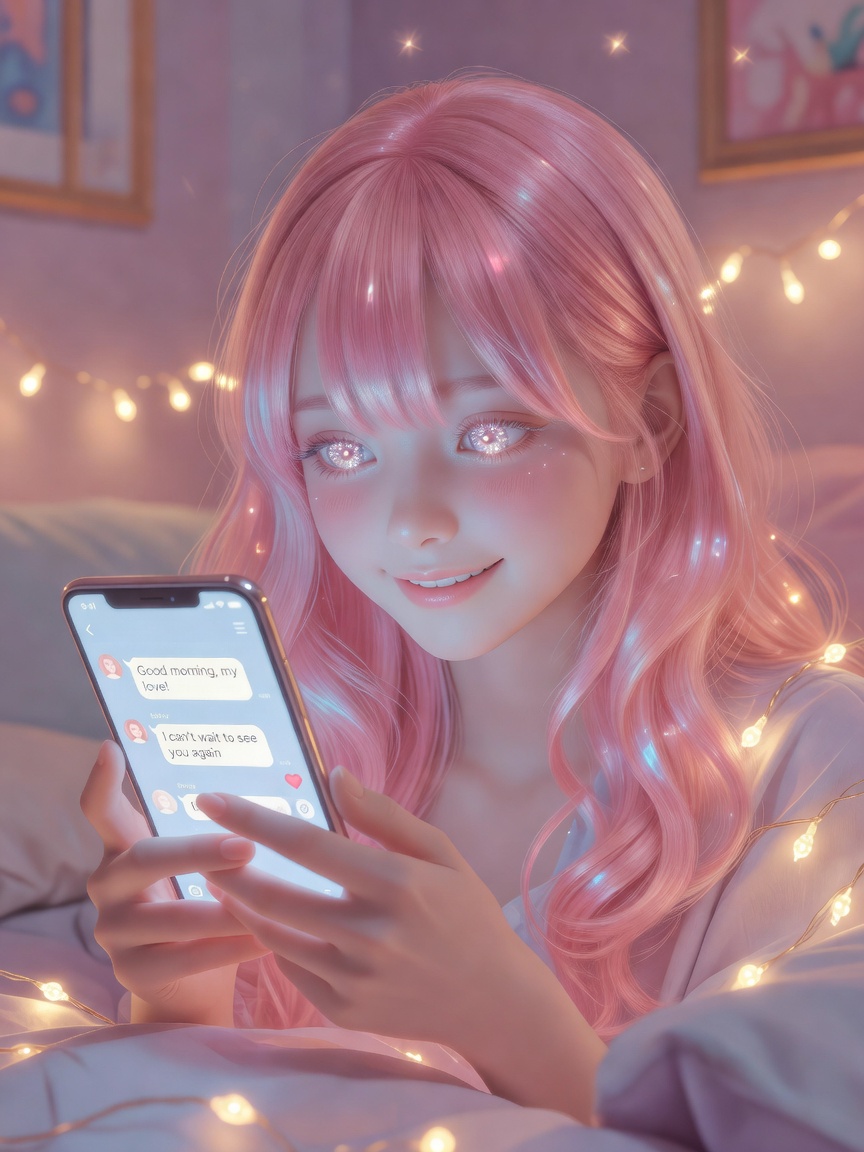 A beautiful young woman with long wavy auburn hair sitting on a cozy modern couch in a warmly lit living room, holding a phone and smiling softly while chatting, soft evening golden hour lighting streaming through large windows, intimate and romantic atmosphere, highly detailed, cinematic 16:9 composition