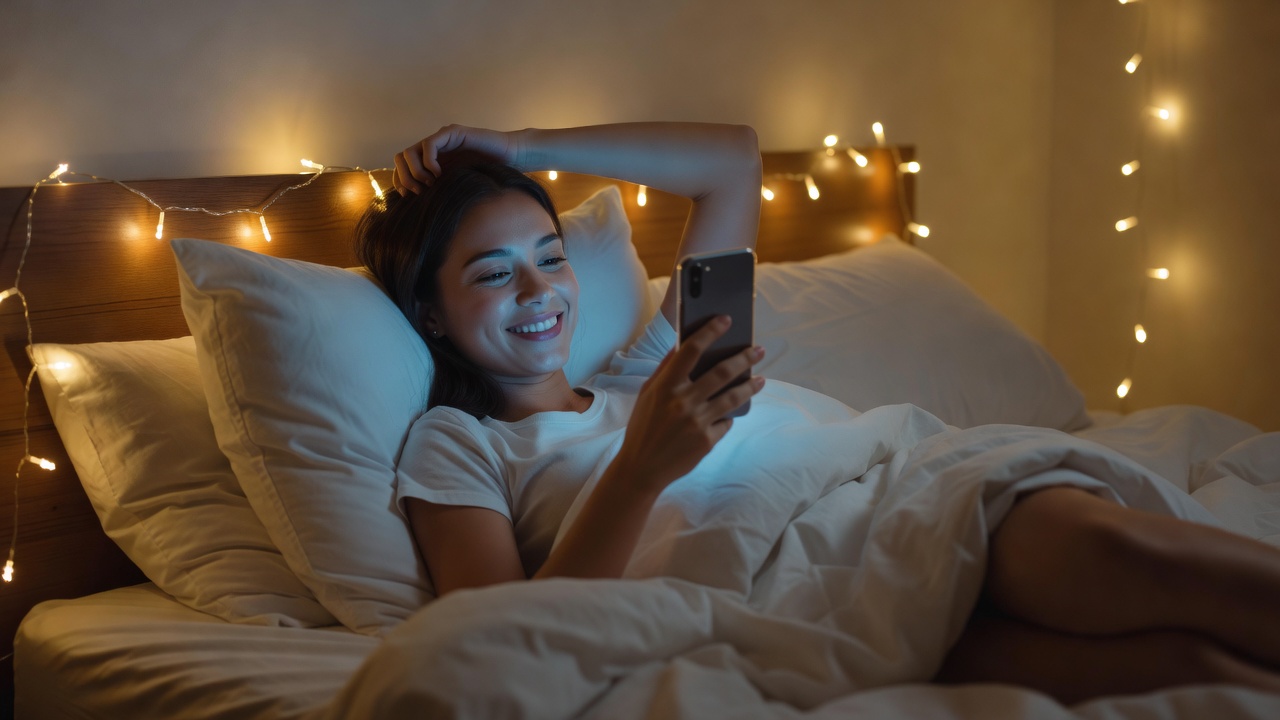 Smiling couple in a romantic cafe setting, woman looking at her phone while man smiles warmly across the table, soft ambient lighting, intimate yet wholesome atmosphere
