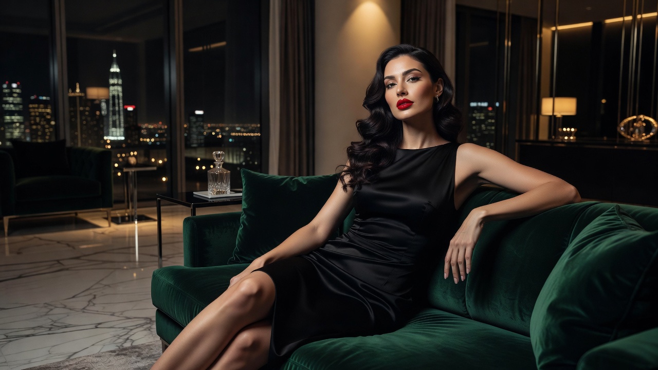 Attractive couple in elegant evening wear sharing an intimate moment on a luxurious rooftop terrace at night with city lights in background, romantic cinematic lighting, passionate connection