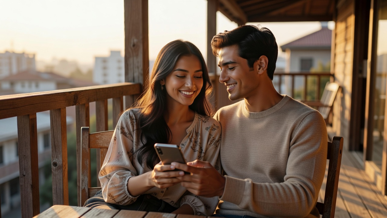 Smiling couple in their mid-20s relaxing together on a balcony at sunset, the woman with dark hair in a casual blouse holding a phone while the man looks at her affectionately, soft golden hour lighting, romantic and relaxed mood, clothed and wholesome scene
