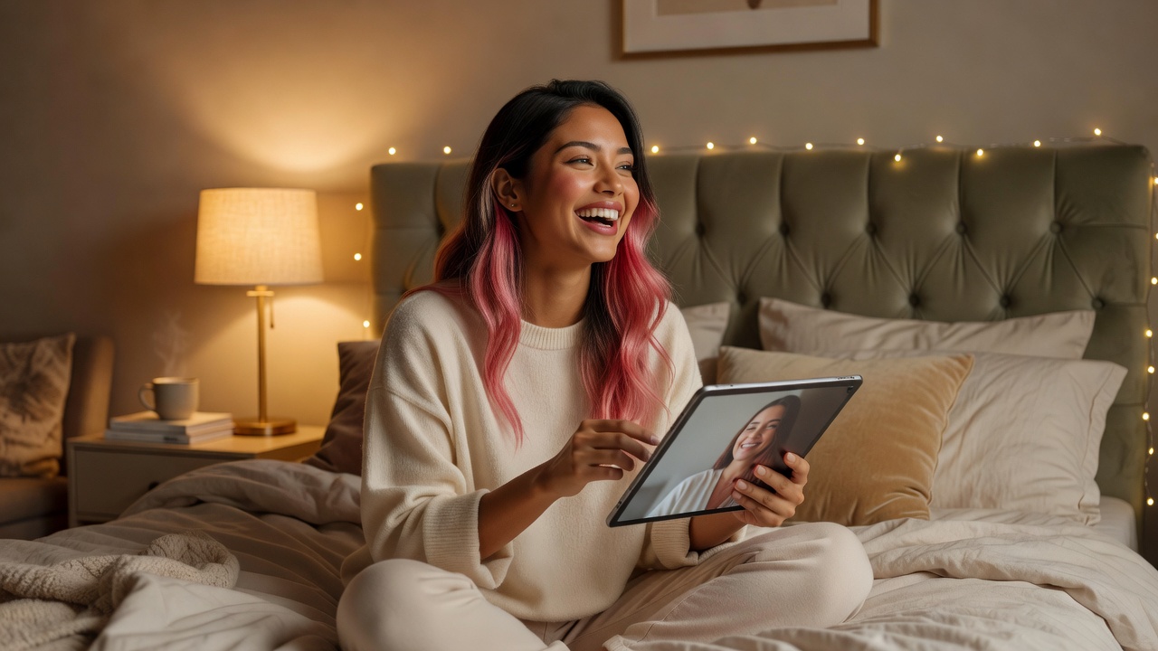Attractive woman with pink-tipped hair laughing naturally while video calling on her tablet in a stylish bedroom, soft warm lighting, relaxed posture on the bed, joyful and connected expression, intimate evening scene