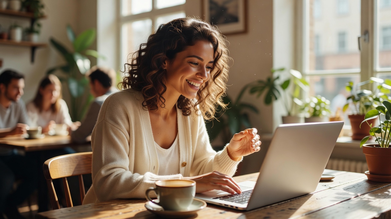 Cheerful woman with curly brown hair celebrating on her laptop at a sunny cafe table, wearing a light cardigan and smiling excitedly at the screen, bright natural daylight streaming through windows, positive and uplifting atmosphere