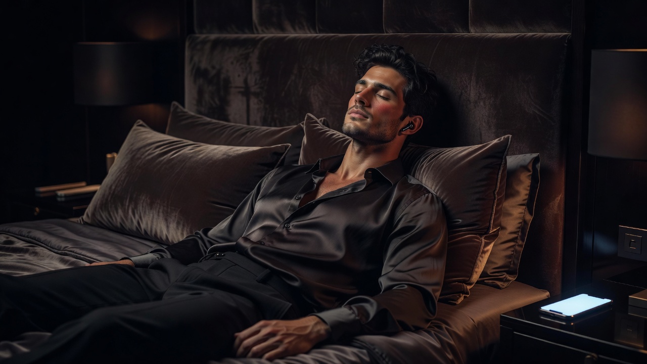 Close-up of a confident man in his 30s sitting on a leather couch in a modern apartment at night, smiling while talking on wireless earbuds, city lights visible through floor-to-ceiling windows, soft blue and purple ambient lighting creating a seductive mood