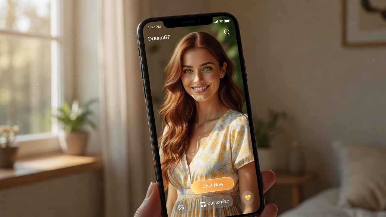 A young man relaxing on a modern sofa in a cozy apartment at golden hour, smiling at his phone while chatting with a beautiful virtual girlfriend shown on screen, warm ambient lighting, cinematic 16:9 composition, photorealistic, inviting and romantic atmosphere