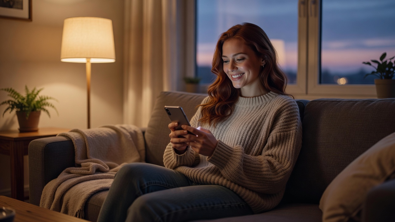A young woman with long wavy auburn hair sitting comfortably on a modern couch in a softly lit living room, wearing a cozy oversized sweater and jeans, smiling warmly at her phone screen during an evening chat, gentle warm lighting, inviting and friendly atmosphere, 16:9 horizontal composition