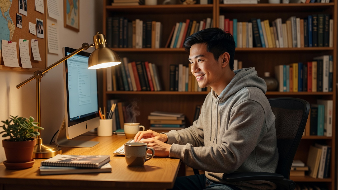 Young man with short black hair and casual hoodie sitting at a wooden desk in a cozy home office, looking thoughtfully at his computer screen with a slight smile, warm desk lamp lighting, focused and content mood