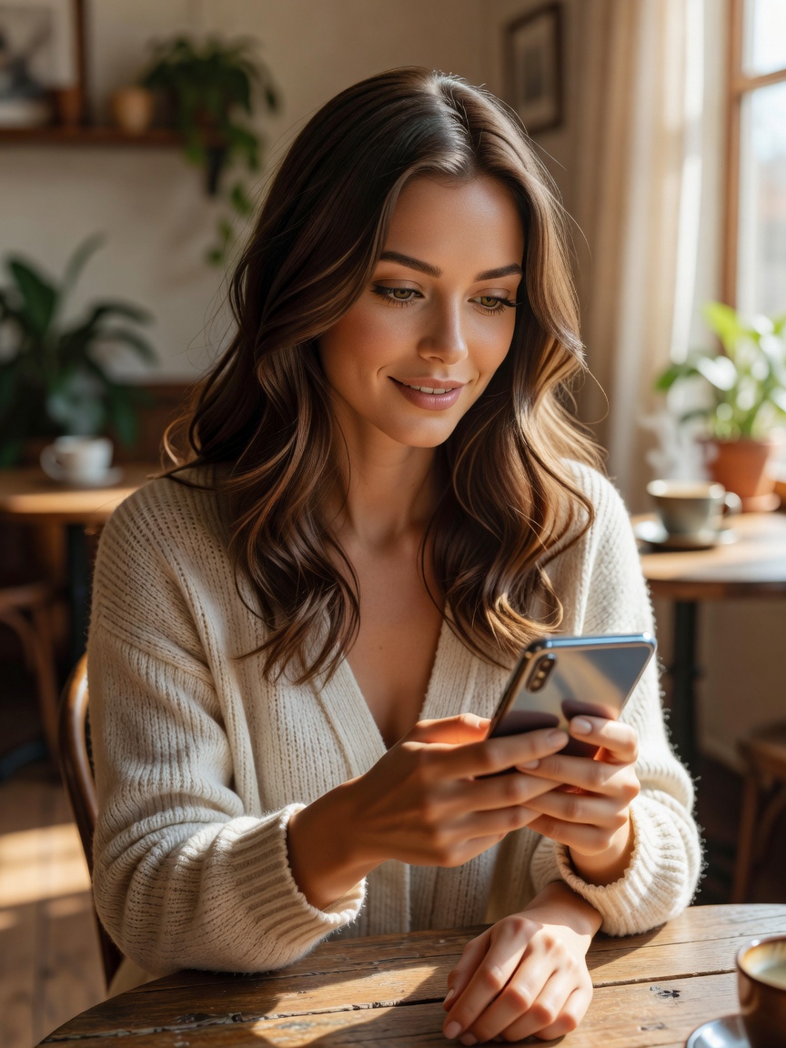 Close-up of a beautiful brunette woman with expressive eyes looking thoughtfully at her phone screen in a sunlit cafe, gentle smile, wearing a soft knit cardigan, natural daylight creating soft shadows, intimate and reflective mood