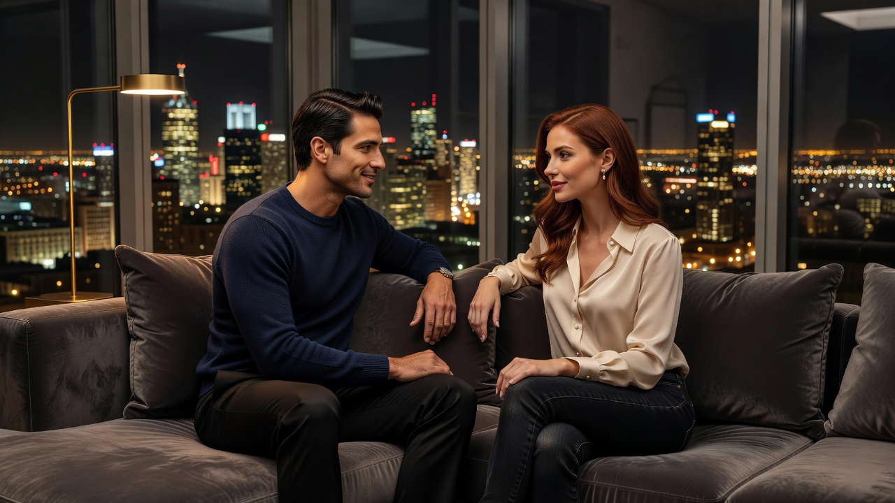 Two attractive adults in stylish casual clothing sharing an intimate conversation on a cozy modern couch with city lights visible through large windows at night, soft warm lighting creating a romantic and trusting atmosphere
