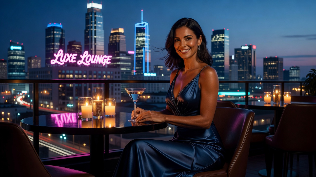 A confident woman in elegant evening wear sitting at a candlelit rooftop bar overlooking a neon city skyline at dusk, warm ambient lighting highlighting her playful smile and direct gaze, sophisticated and inviting mood