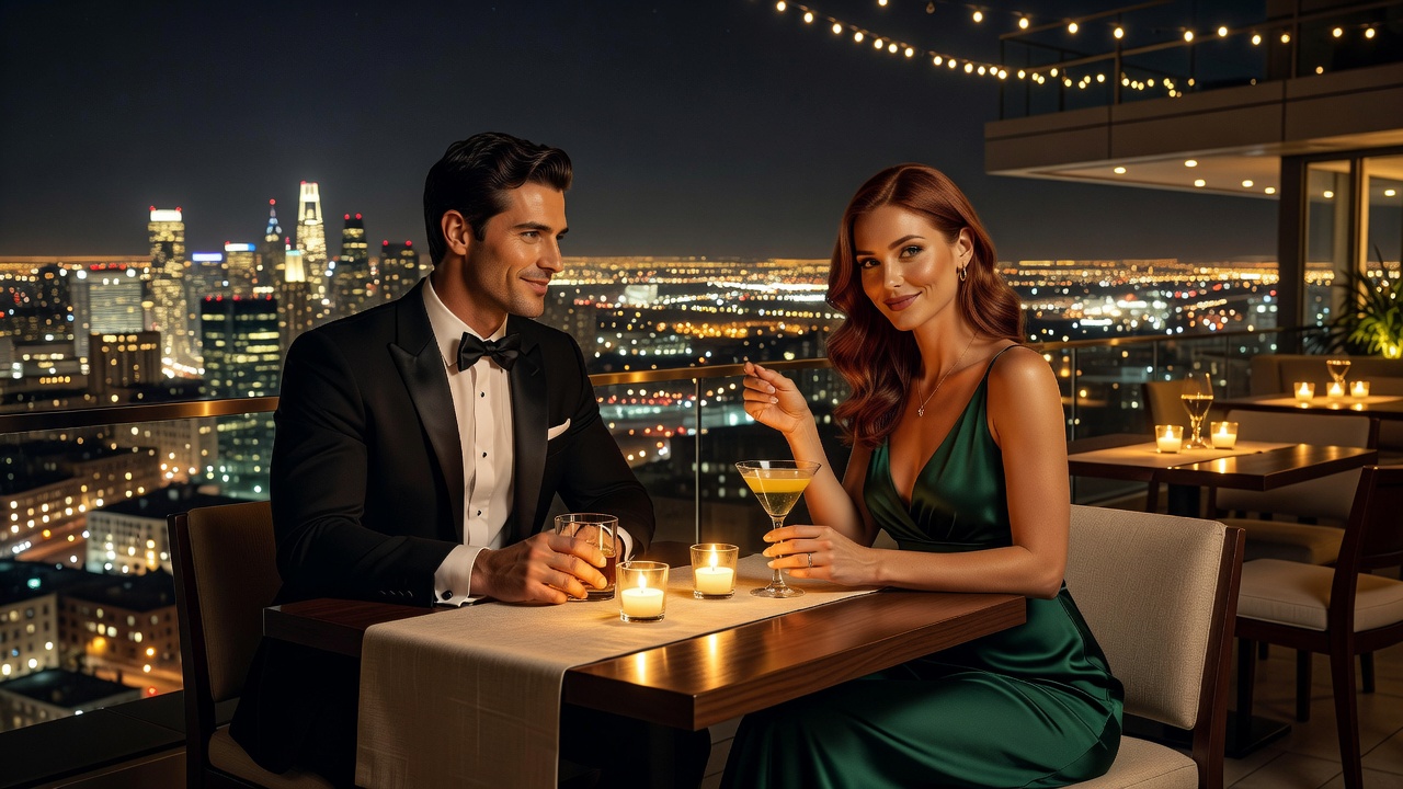 A confident young woman in a sleek black dress sitting on a modern couch in a softly lit luxury apartment at night, holding a smartphone with a warm smile, cozy ambient lighting, cinematic atmosphere, 16:9 horizontal composition
