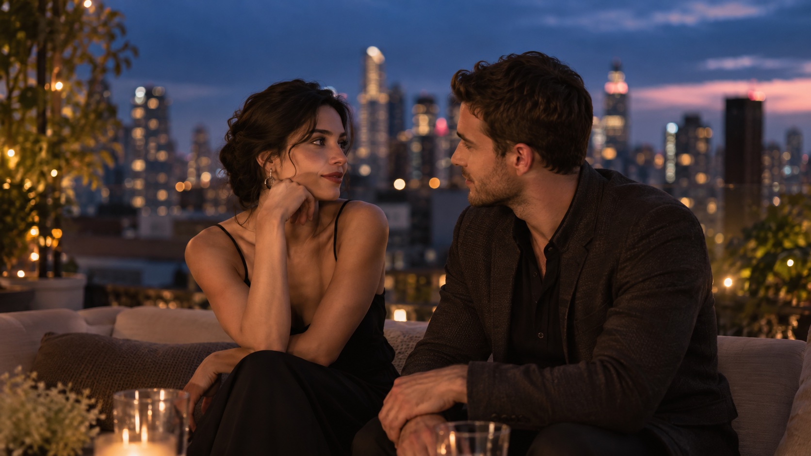 Two fictional adults sharing a cinematic moment on a rooftop