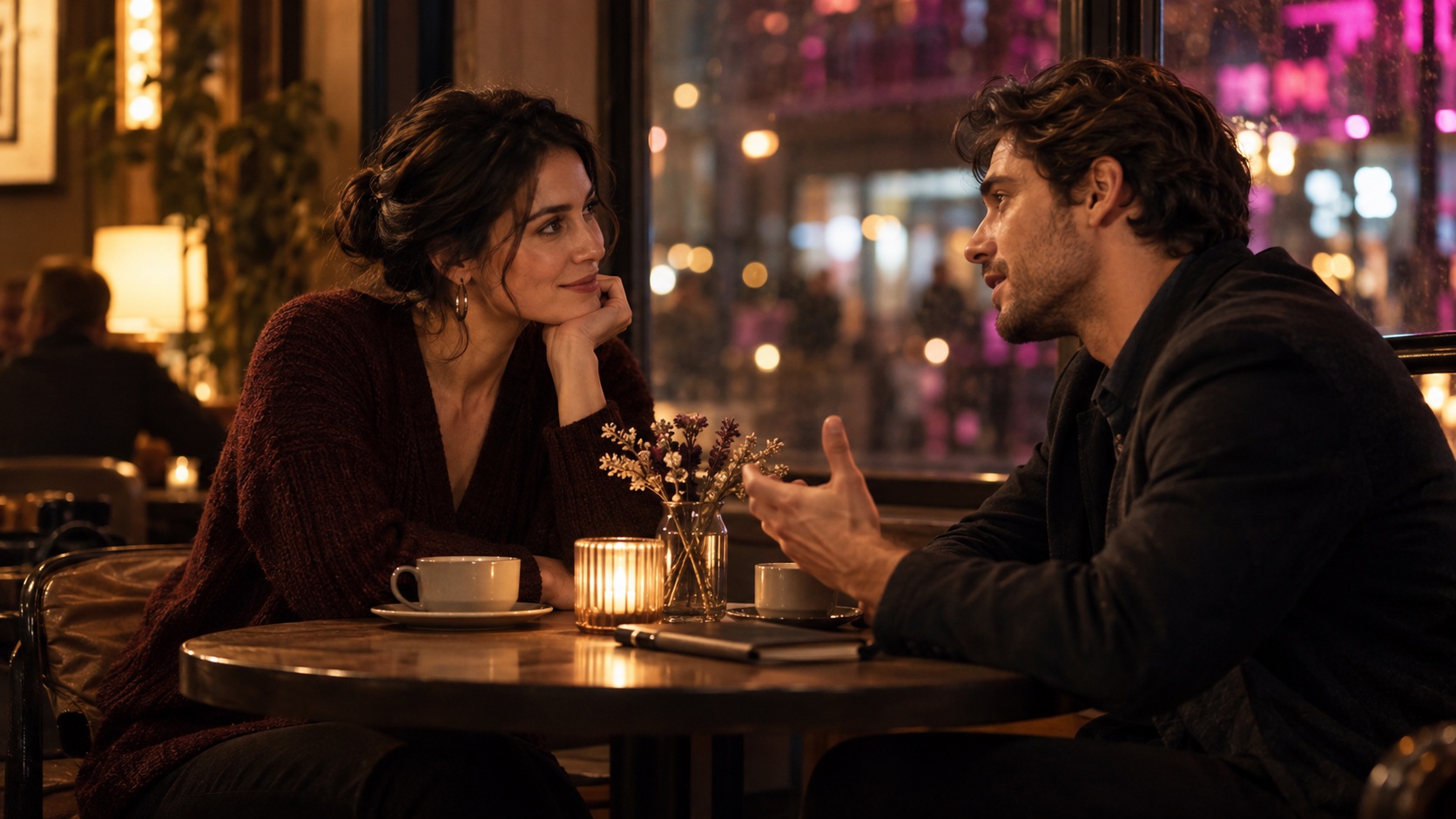 Two fictional adults in conversation at an evening cafe